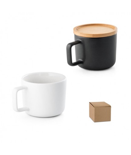 FANGIO. Tazza in ceramica da 220 mL con tappo e base in bambù